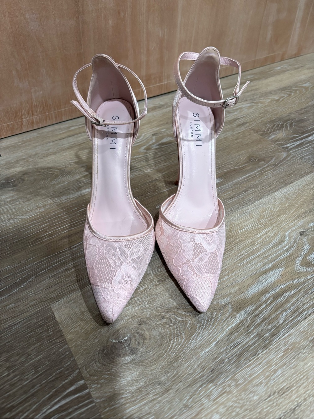 Pink Lace Pointed Ankle Strap Heels